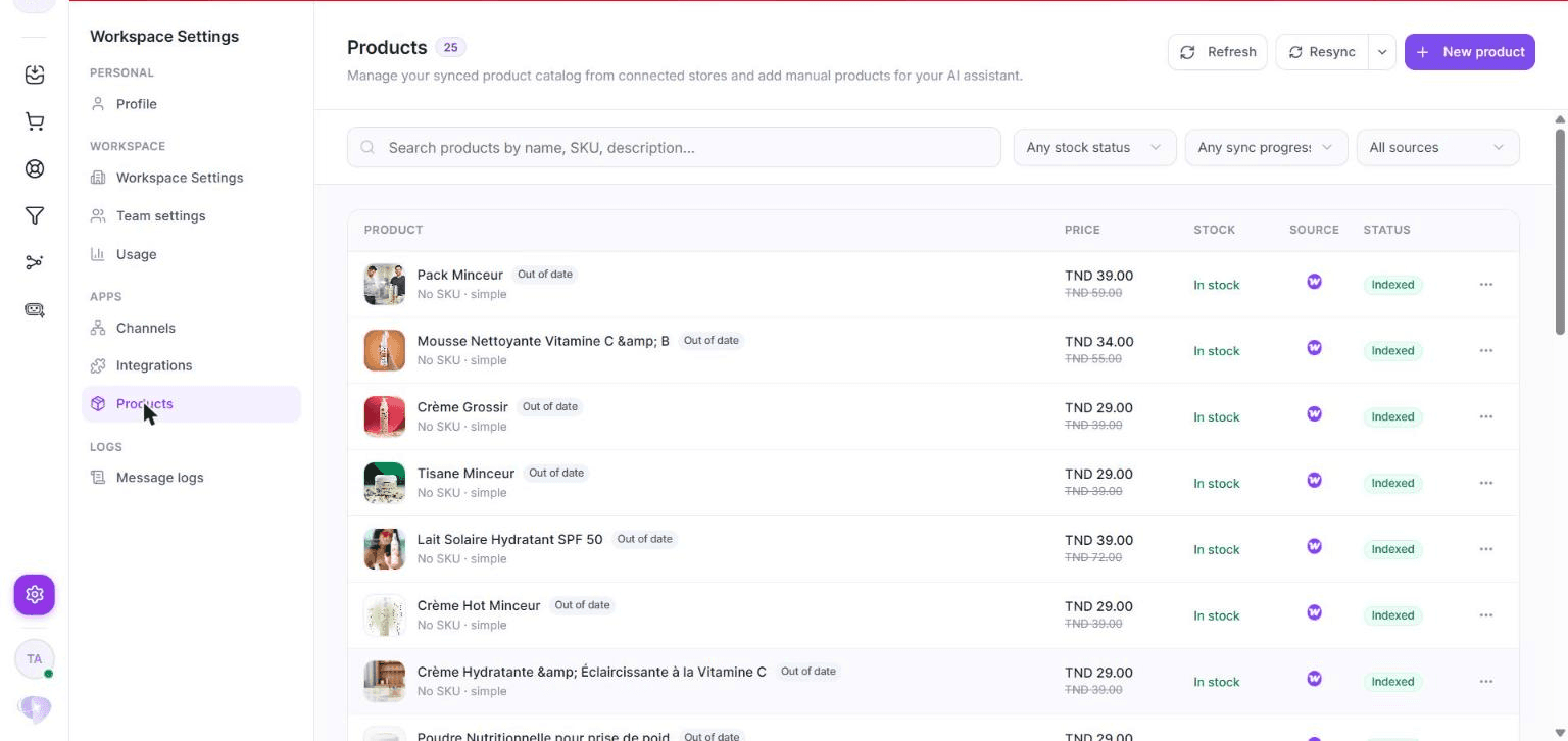 Paramètres, Produits : prix, stock, source et statut d'indexation de chaque article.