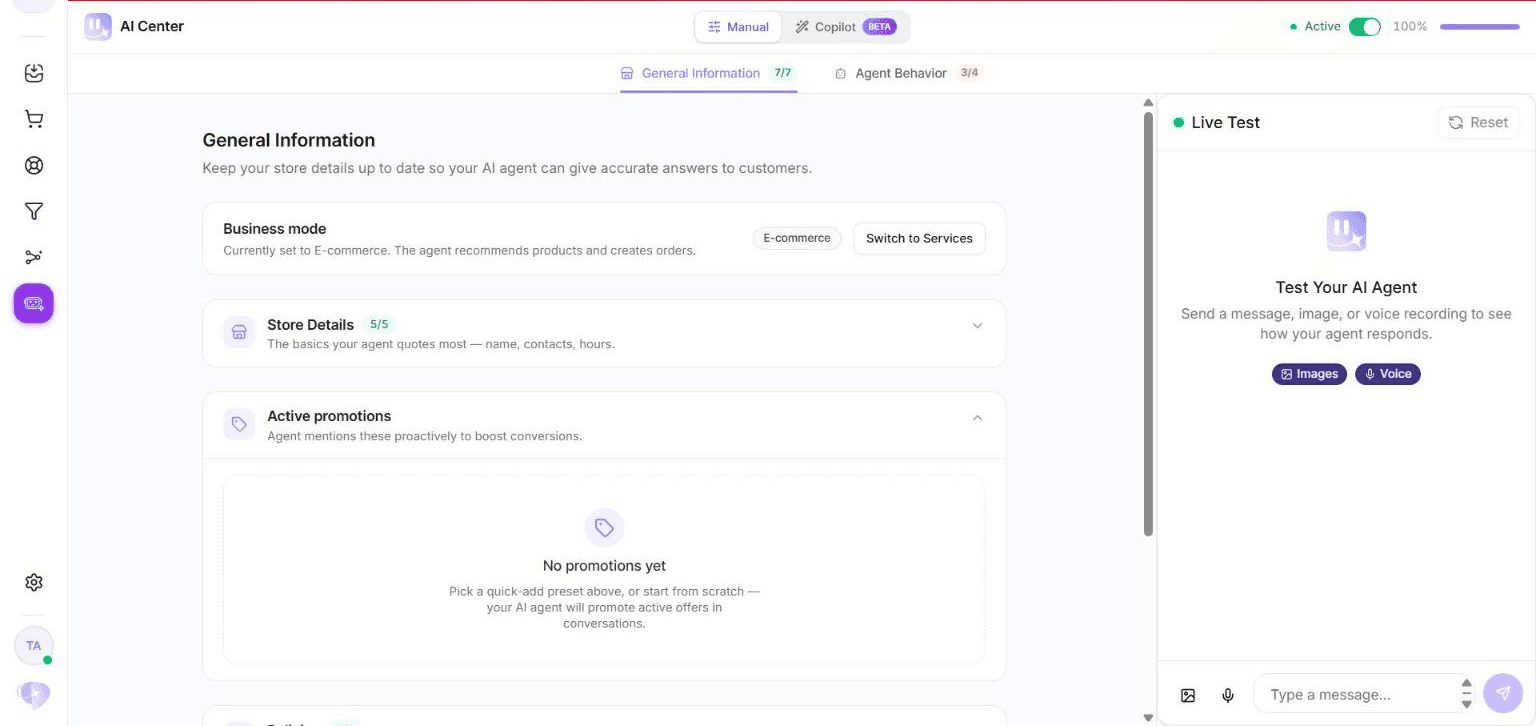 Centre IA, General Information. L'interrupteur Active et le pourcentage de configuration sont en haut à droite ; le panneau Live Test est à droite.