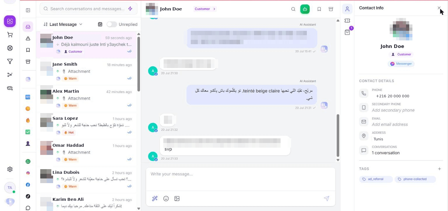 Une conversation ouverte, fiche contact à droite. L'agent a créé une commande directement depuis le chat.