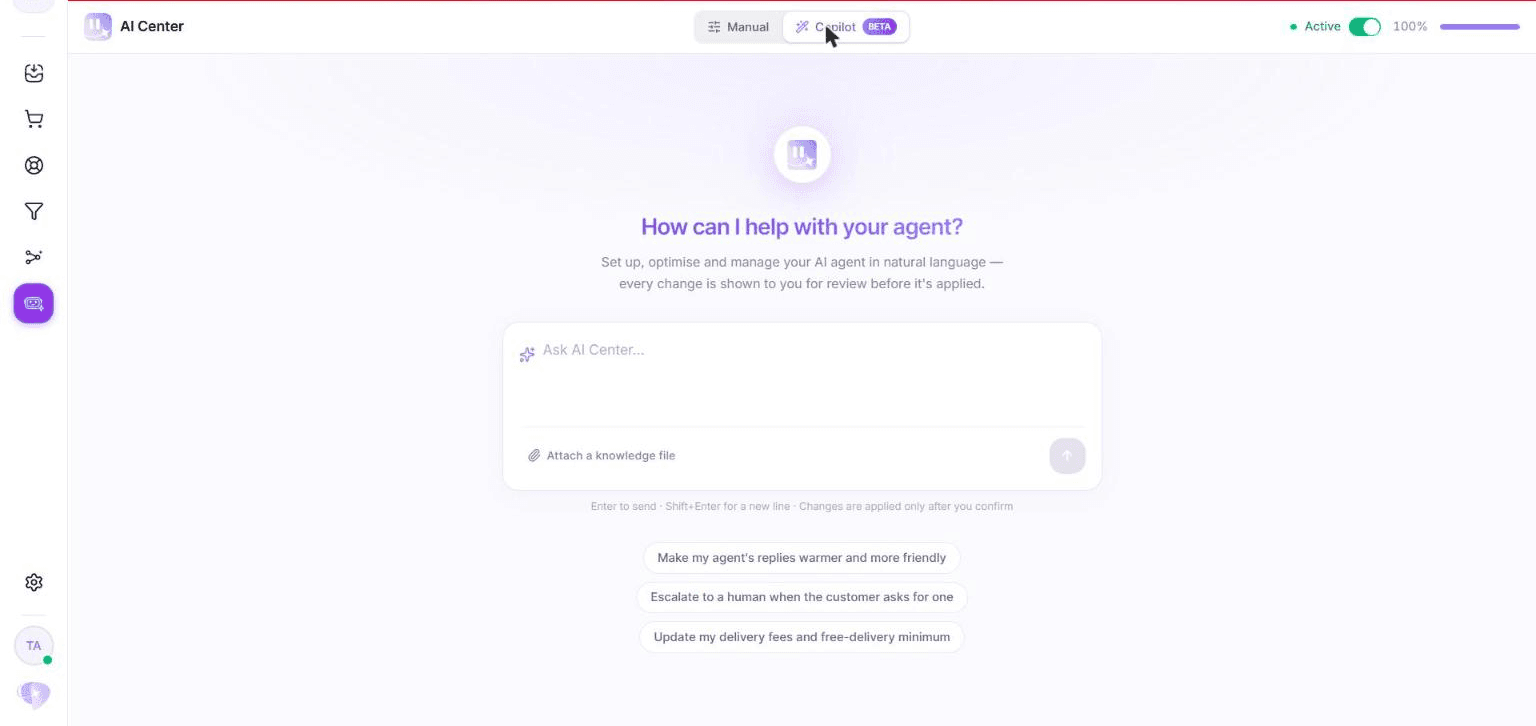 Le mode Copilot : configurer l'agent en langage naturel, avec validation avant application.