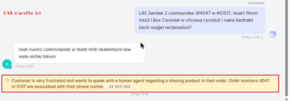 Une conversation escaladée : la note jaune explique le problème et l'agent ne répond plus.