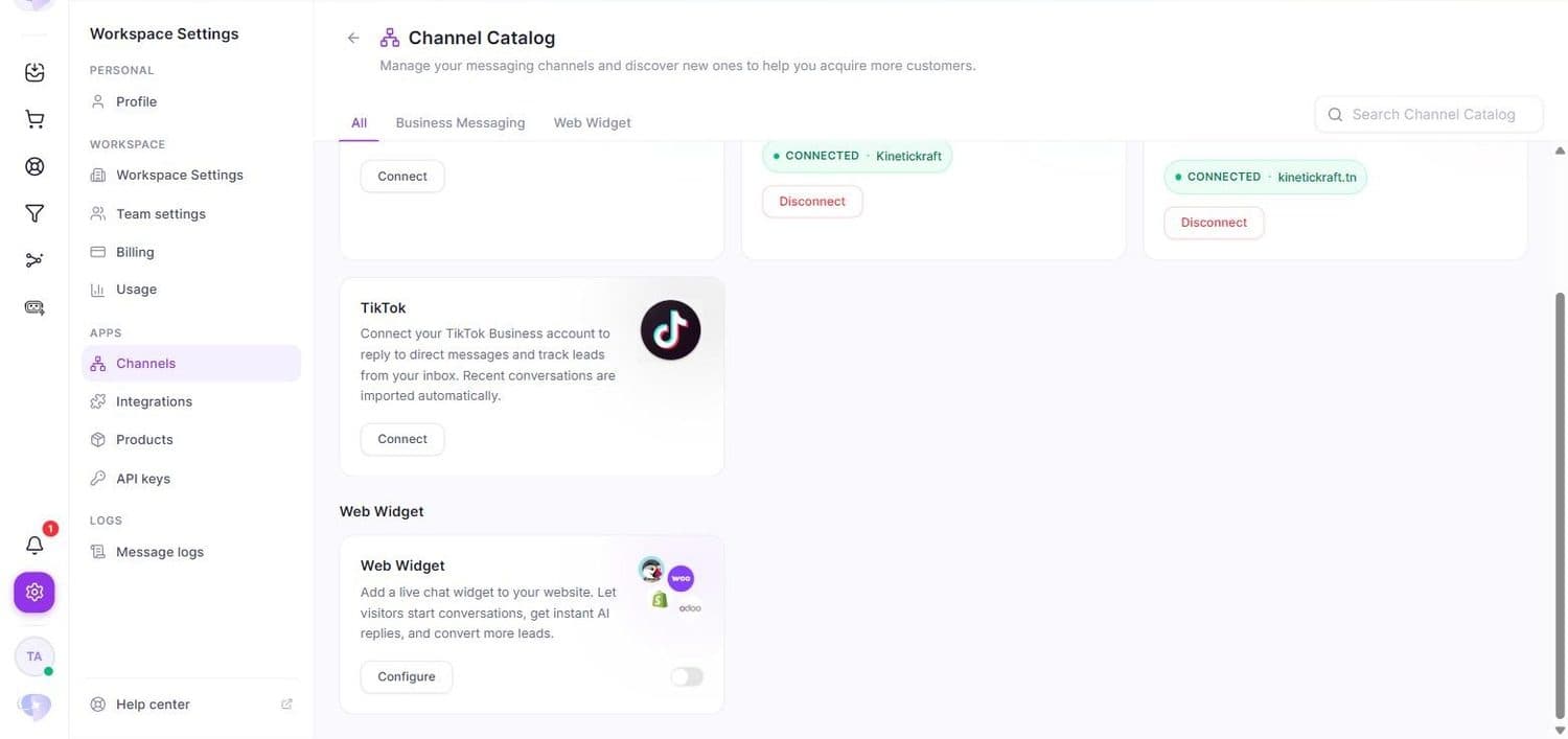 TikTok et le Widget web dans le catalogue de canaux.