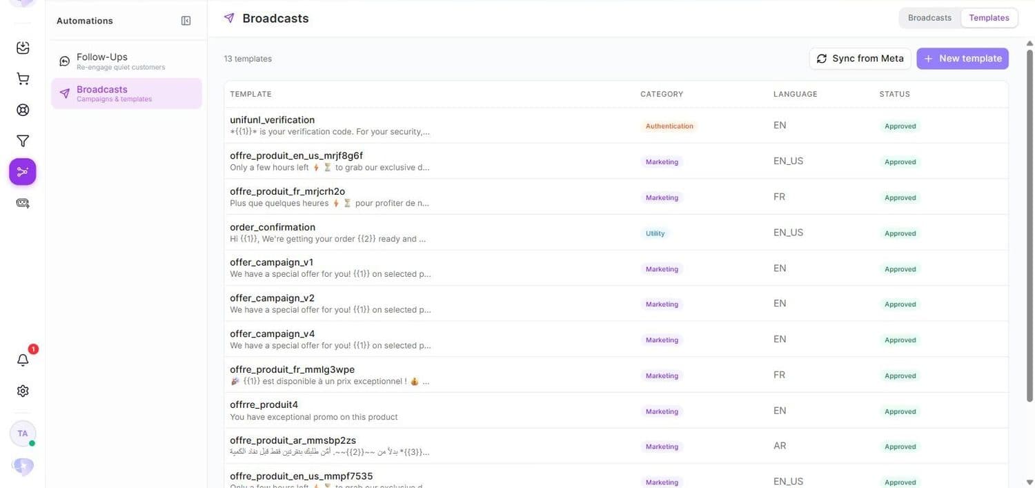 L'onglet Templates : modèles WhatsApp avec catégorie, langue et statut d'approbation.