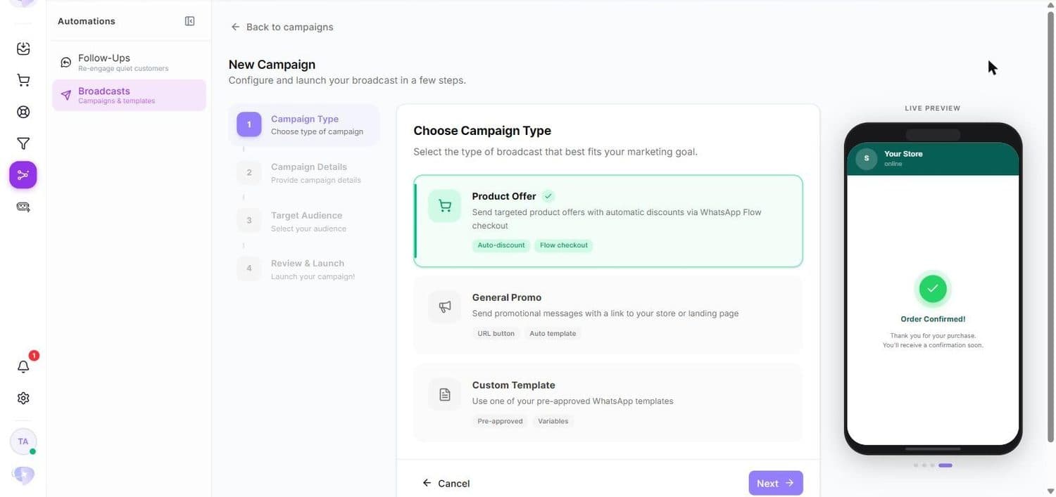 Étape 1 : Product Offer, General Promo et Custom Template.