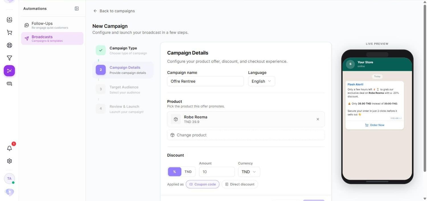 Étape 2 : nom, langue, produit, remise et mode d'application.