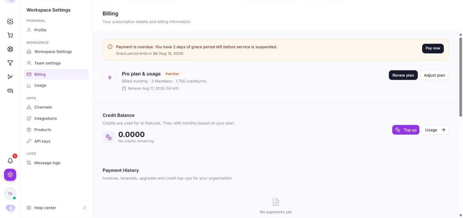 La page Billing : plan en cours, renouvellement, solde de crédits et historique des paiements.
