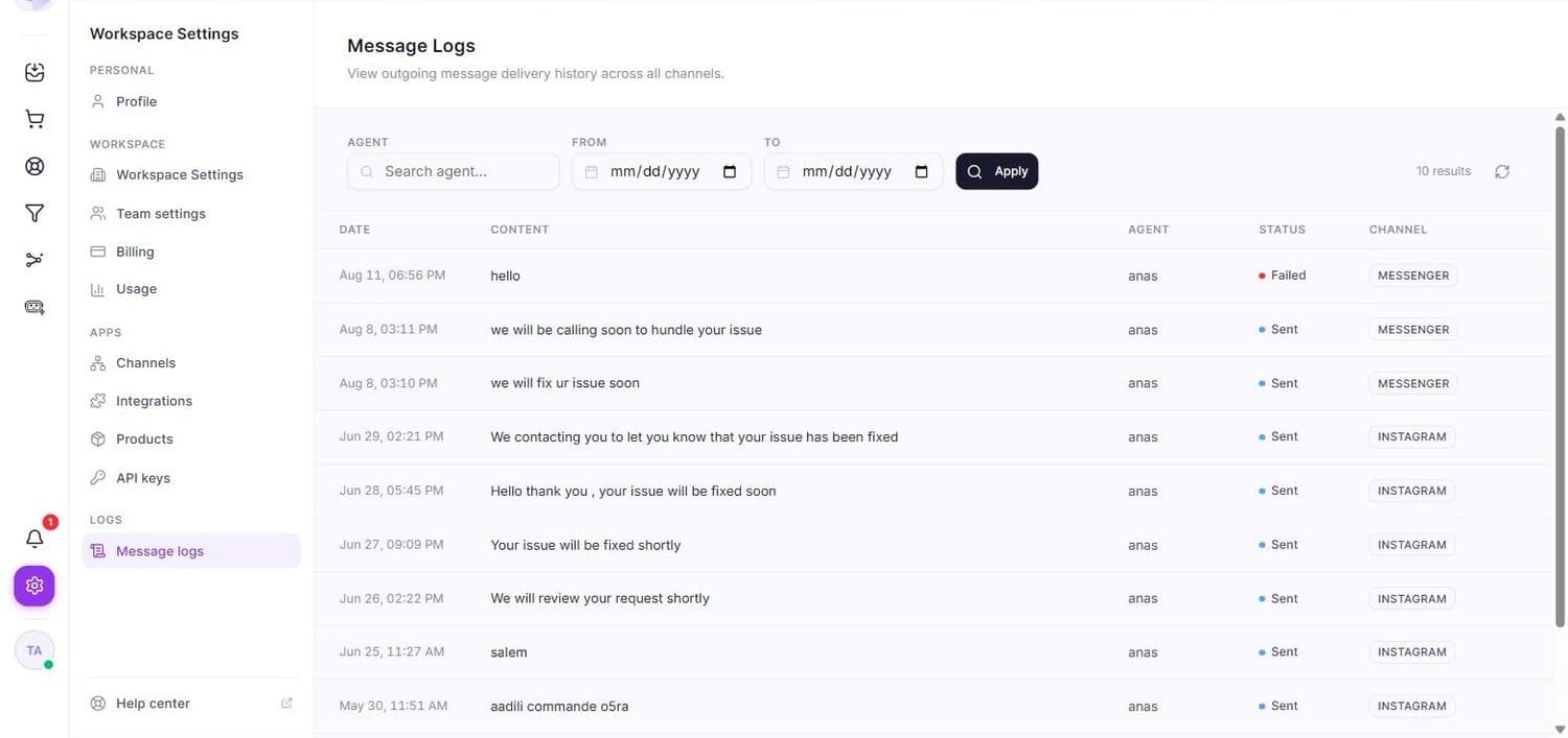 Message Logs : historique de livraison des messages sortants, par agent, date, statut et canal.