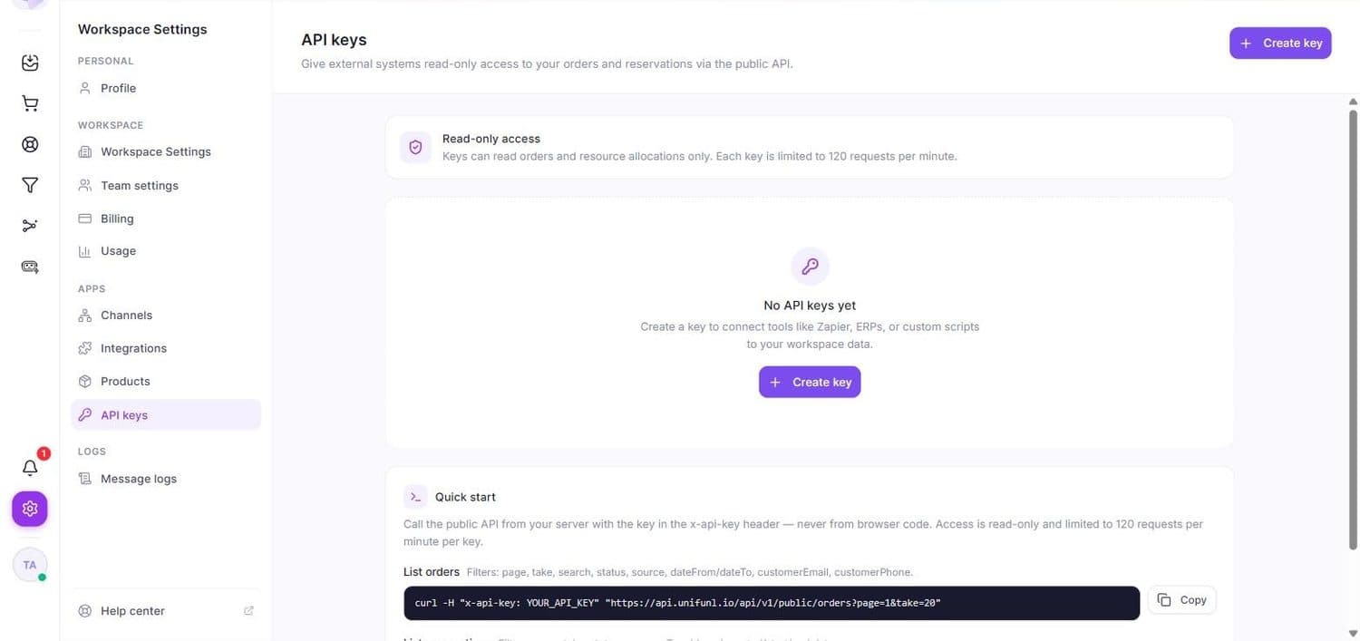 La page API keys, avec le guide de démarrage rapide directement sur la page.