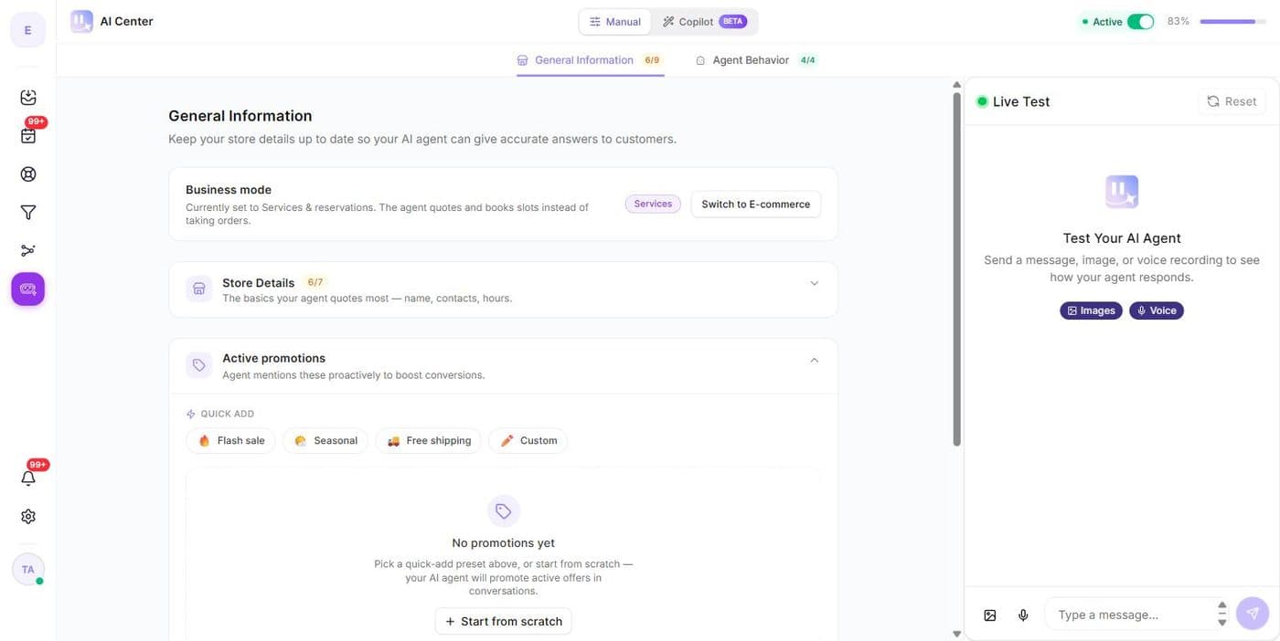La carte Business mode dans le Centre IA, réglée sur Services et réservations, avec le bouton qui ramène au mode E-commerce.