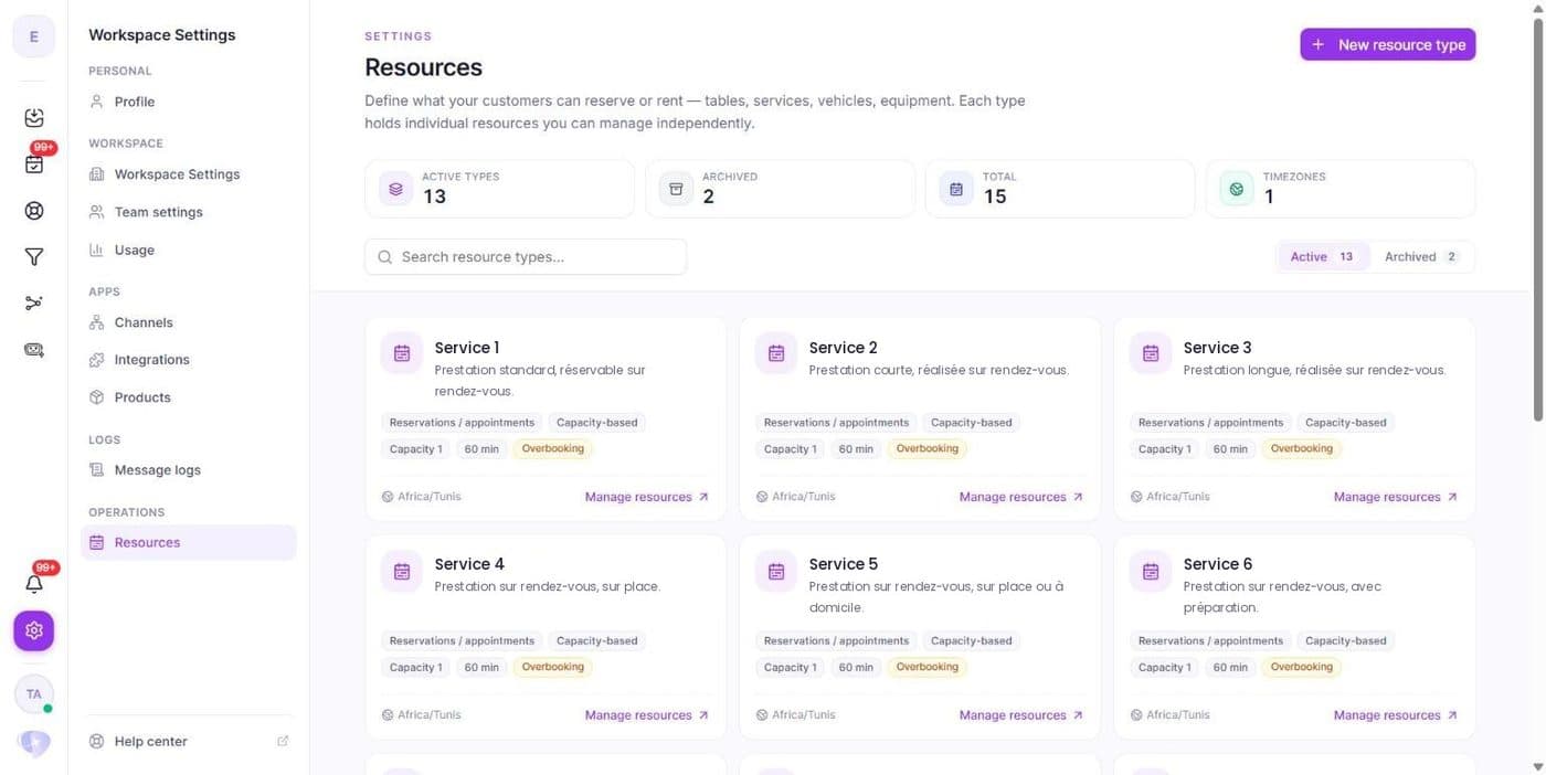 Paramètres → Resources : chaque carte est un type de ressource, avec son mode de réservation, sa capacité et sa durée.