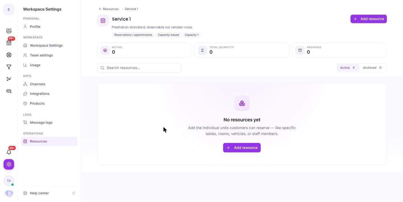 La page d'un type : ajouter les unités individuelles que les clients peuvent réserver — tables, salles, véhicules ou membres de l'équipe.
