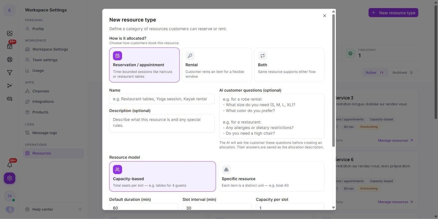 Le formulaire de création : mode d'allocation, nom, description, et les questions posées par l'agent.