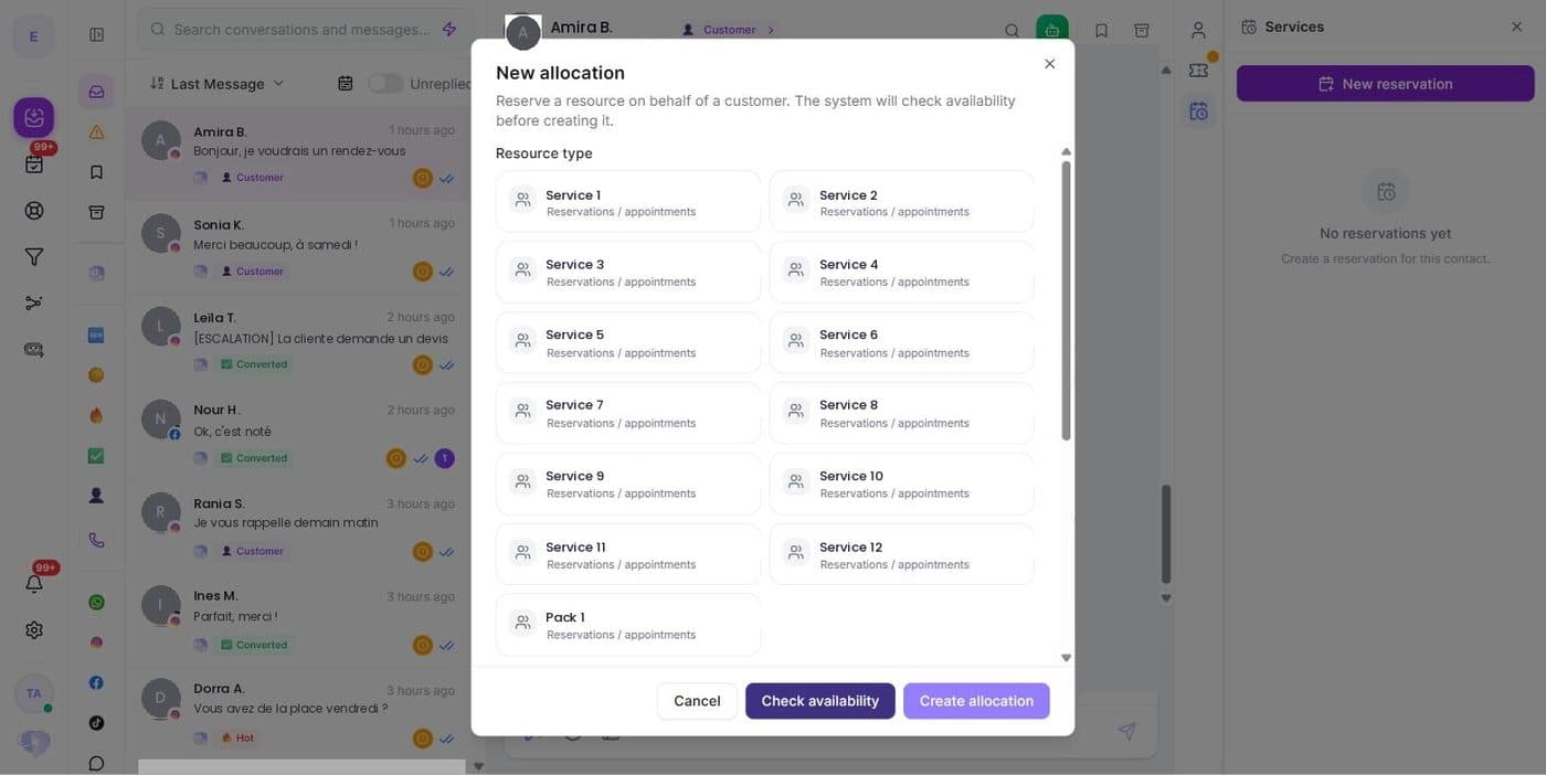 Étape 1 : choisir la prestation parmi vos types de ressource actifs.