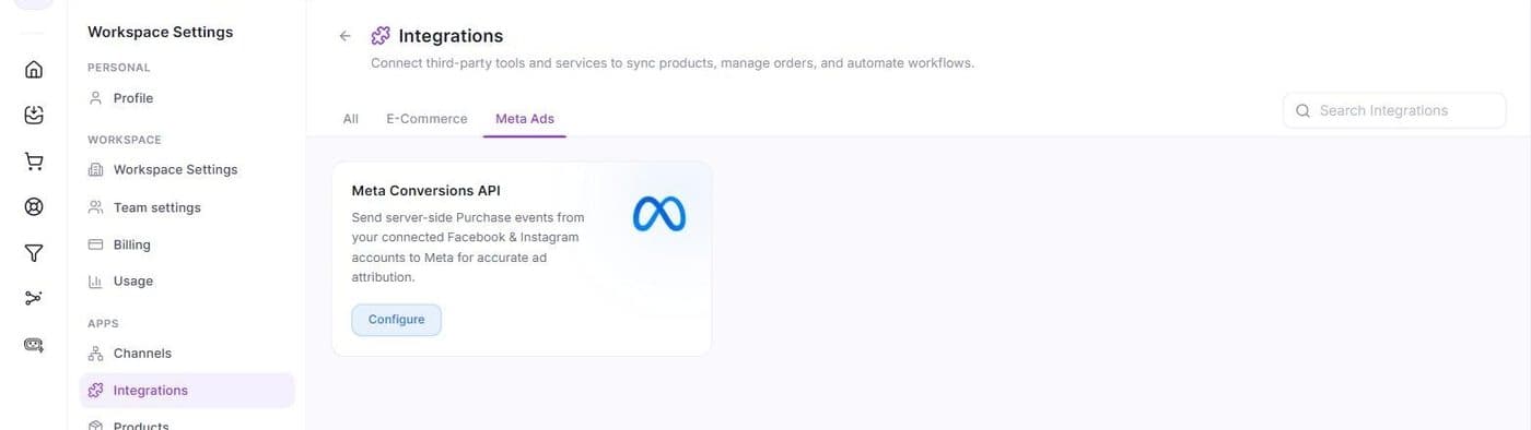 Paramètres → Intégrations, onglet Meta Ads : la carte « Meta Conversions API » et son bouton Configure.