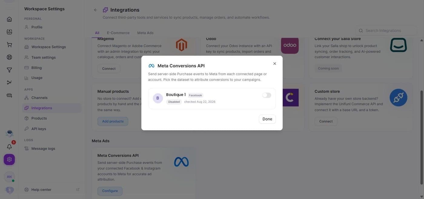 La fenêtre de configuration : une ligne par page connectée, ici avec l'envoi désactivé.