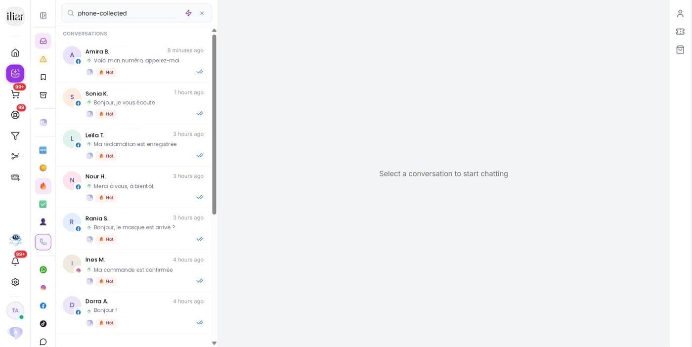 La liste filtrée : seules les conversations dont le numéro a été collecté restent affichées.