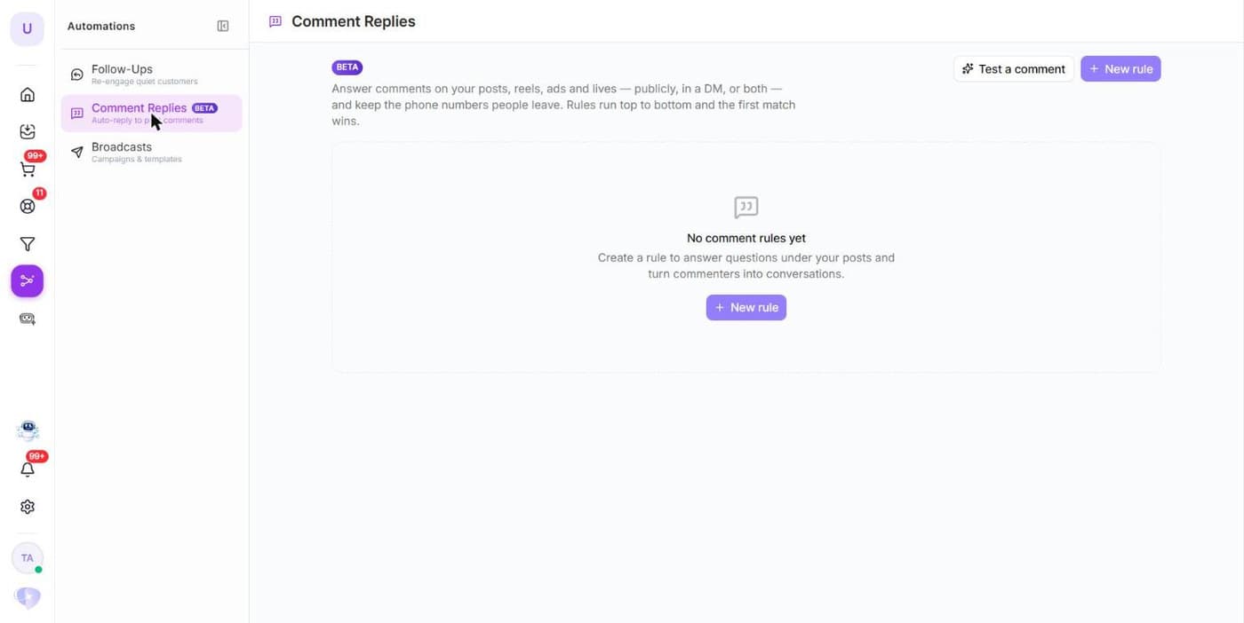 Automations, Comment Replies. Le badge BETA, les deux boutons, et l'état vide avant votre première règle.