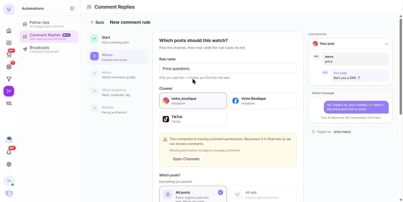 Deuxième étape : le nom de la règle et le canal, avec l'avertissement qui apparaît quand une connexion n'a pas les permissions sur les commentaires.