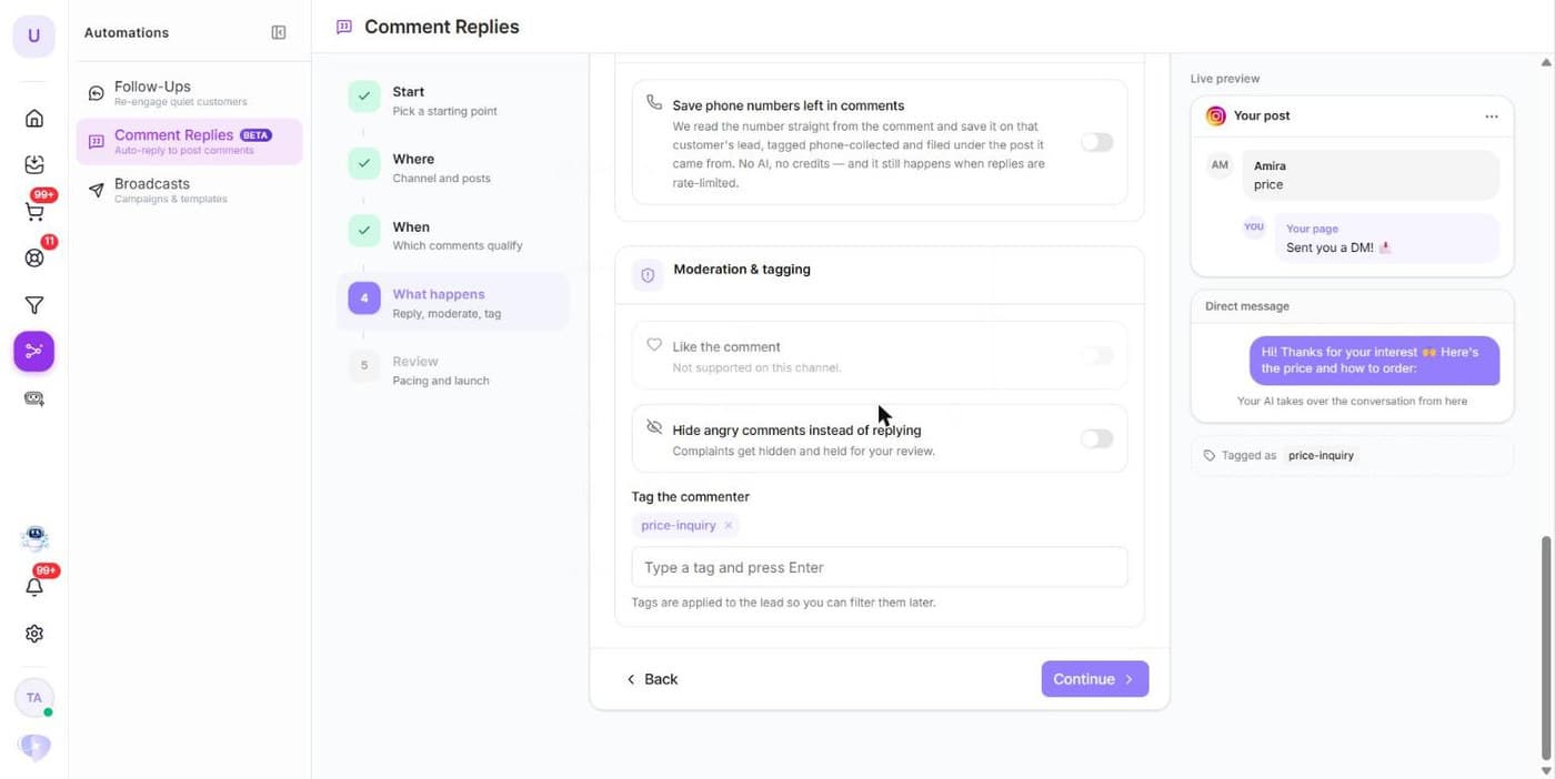 L'enregistrement des numéros laissés en commentaire, et les options de modération et d'étiquetage en dessous.