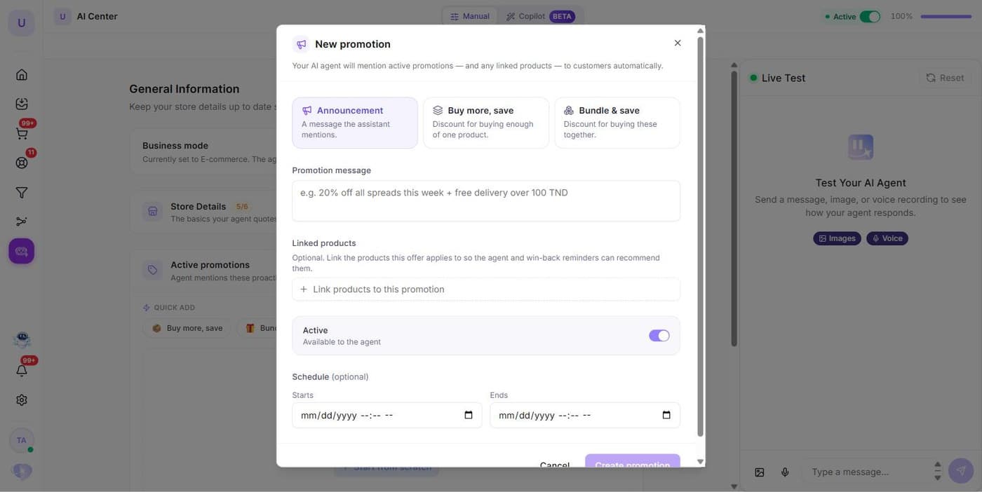 Le type Announcement : un message de promotion, des produits liés optionnels, l'interrupteur Active et une planification optionnelle. Aucun champ de remise.